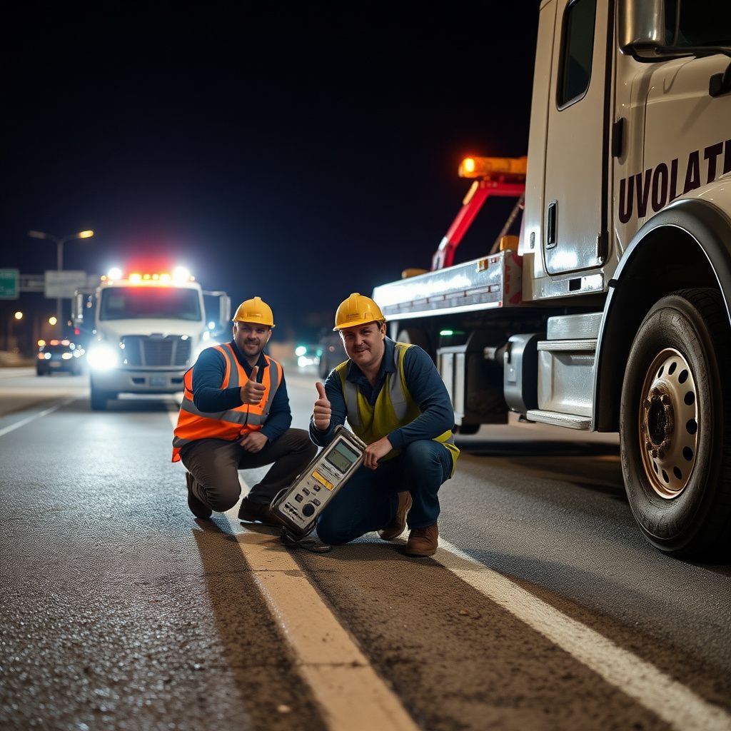 A DAD'S TOWING SERVICE LLC tow truck parked safely on the shoulder of a road in Brighton, Colorado, with a technician assisting a motorist.
