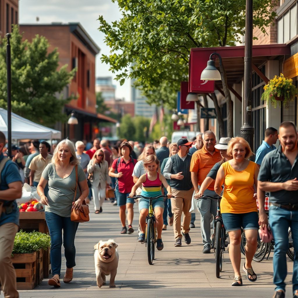 Historic brick buildings lining a tree-lined street in downtown Broomfield, Colorado, with people enjoying a sunny afternoon.