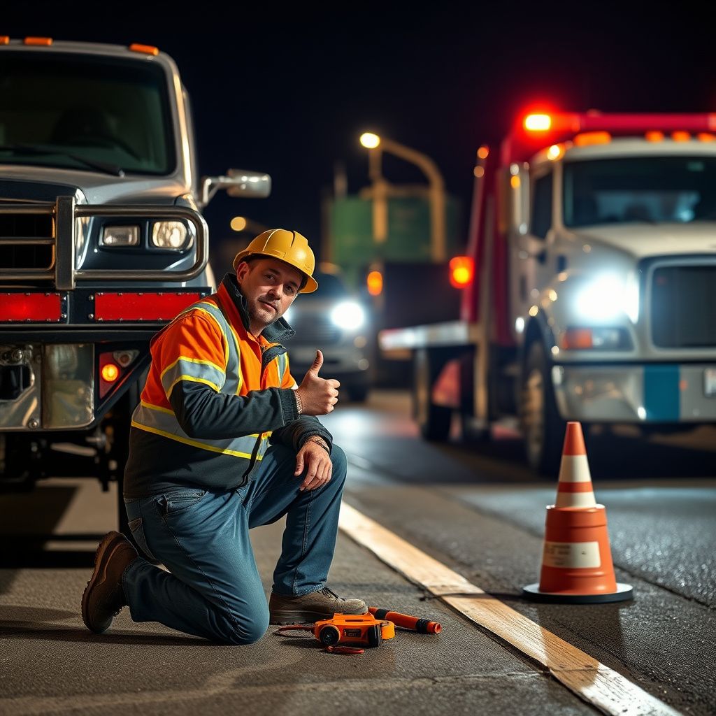 A professional tow truck operator smiling while securing a vehicle onto a flatbed tow truck on a sunny day in Federal Heights, Colorado.