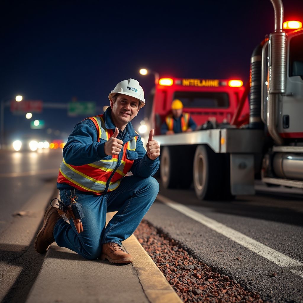 A professional tow truck operator from DAD'S TOWING SERVICE LLC securing a vehicle onto a flatbed in a well-lit commercial area of Thornton at night, demonstrating careful handling.