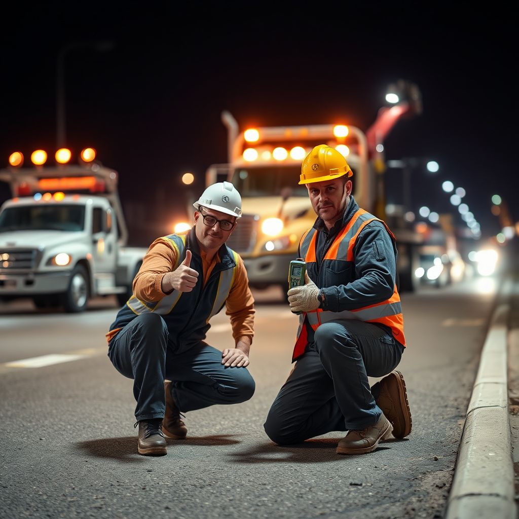 A friendly DAD'S TOWING SERVICE LLC technician smiling while assisting a motorist with a flat tire on a suburban street in Westminster.