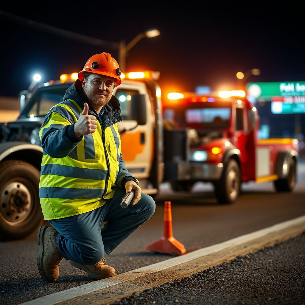 A DAD'S TOWING SERVICE LLC tow truck driver safely securing a vehicle onto a flatbed in a well-lit Northglenn parking lot at night, demonstrating professional service.