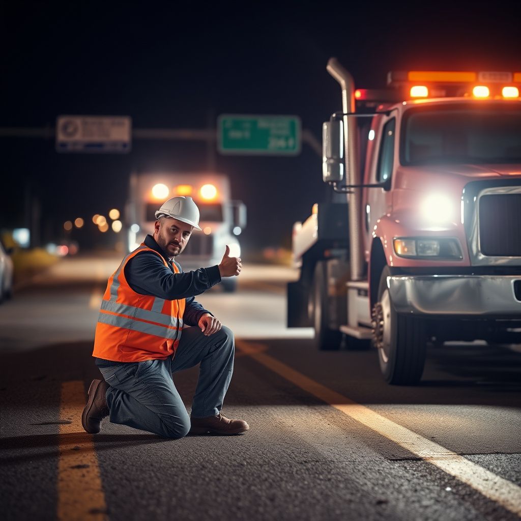 A professional tow truck operator in a high-visibility vest securing a vehicle onto a flatbed tow truck on a well-lit street in Wheat Ridge at dusk.