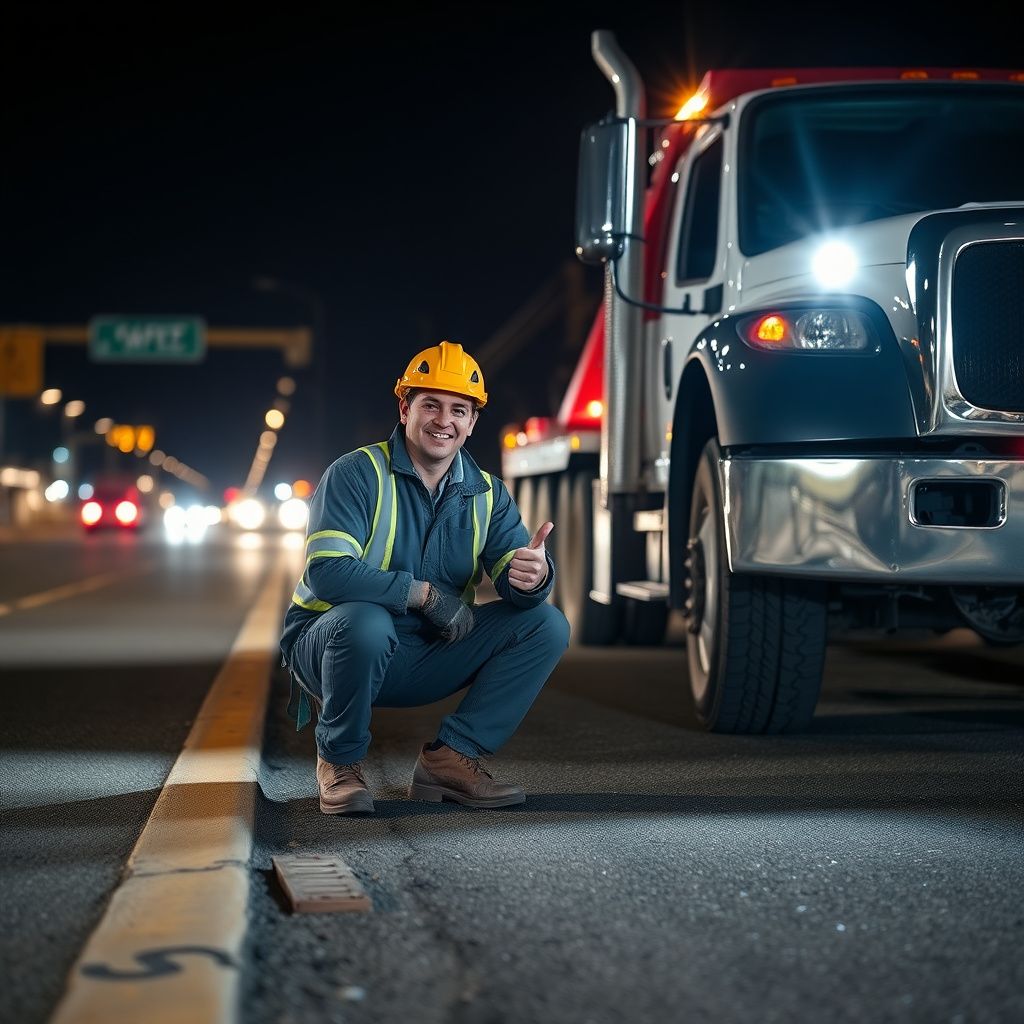 A professional tow truck operator from DAD'S TOWING SERVICE LLC assisting a motorist with a flat tire on the side of a road in Louisville, Colorado, at dusk.