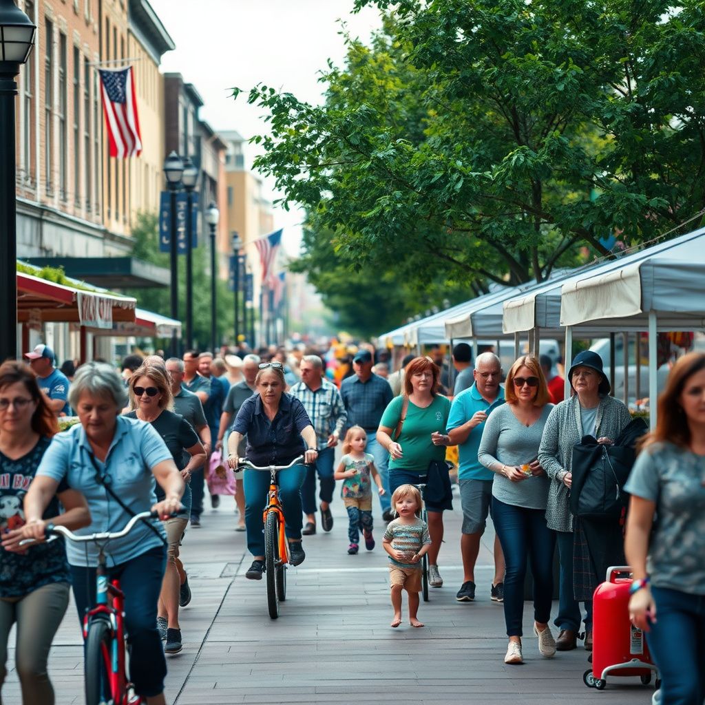 A bustling street scene at the Edgewater Public Market in Edgewater, Colorado, with people enjoying outdoor seating and local shops under a clear sky.