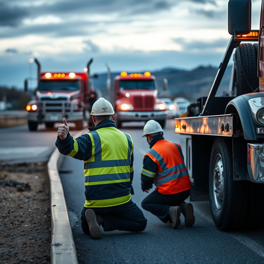 A tow truck operator securing a vehicle onto a flatbed in a Golden, Colorado neighborhood, with residential homes and mountain views.