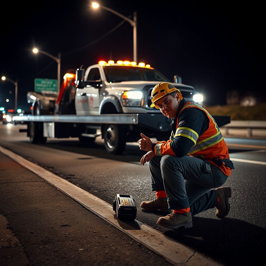 A friendly tow truck driver in a DAD'S TOWING SERVICE LLC uniform smiling while standing next to a modern tow truck in Broomfield, Colorado.